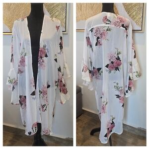 Floral Print Ruffle Detailed Maxi Kimono Cardigan